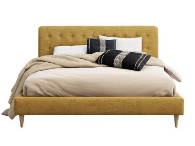 Asırlık kumaş döşeme, yorgan kaplı yatak başlığıyla çift kişilik yatak. İskandinav tarzı çift kişilik yatak, çarşaf, yastık ve beyaz arka planda ekose kumaş. Yüzyılın ortalarında, Chalet, İskandinav iç mimarisi. 3d hazırlayıcı