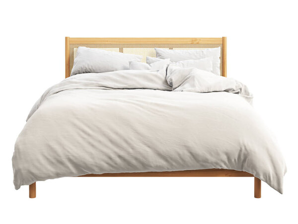Mid-century wooden double bed with wicker headboard. Scandinavian style double bed with bed linen and pillows on white background. Mid-century, Chalet, Scandinavian interior. 3d render