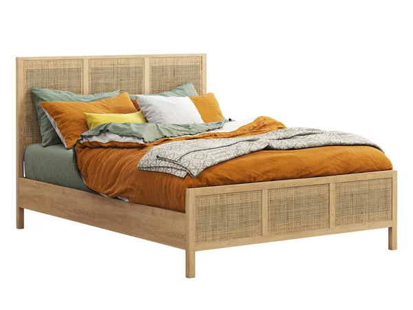 Mid-century wooden double bed with wicker headboard and footboard. Scandinavian style double bed with bed linen, pillows and throw plaid on white background. Mid-century, Chalet, Scandinavian interior. 3d render