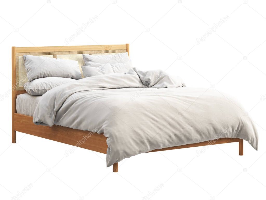 Mid-century wooden double bed with wicker headboard. Scandinavian style double bed with bed linen and pillows on white background. Mid-century, Chalet, Scandinavian interior. 3d render