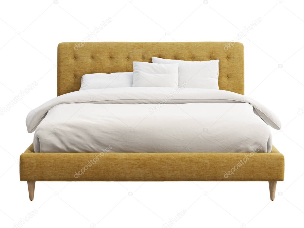 Mid-century fabric upholstery double bed with quilted headboard. Scandinavian style double bed with bed linen and pillows on white background. Mid-century, Chalet, Scandinavian interior. 3d render