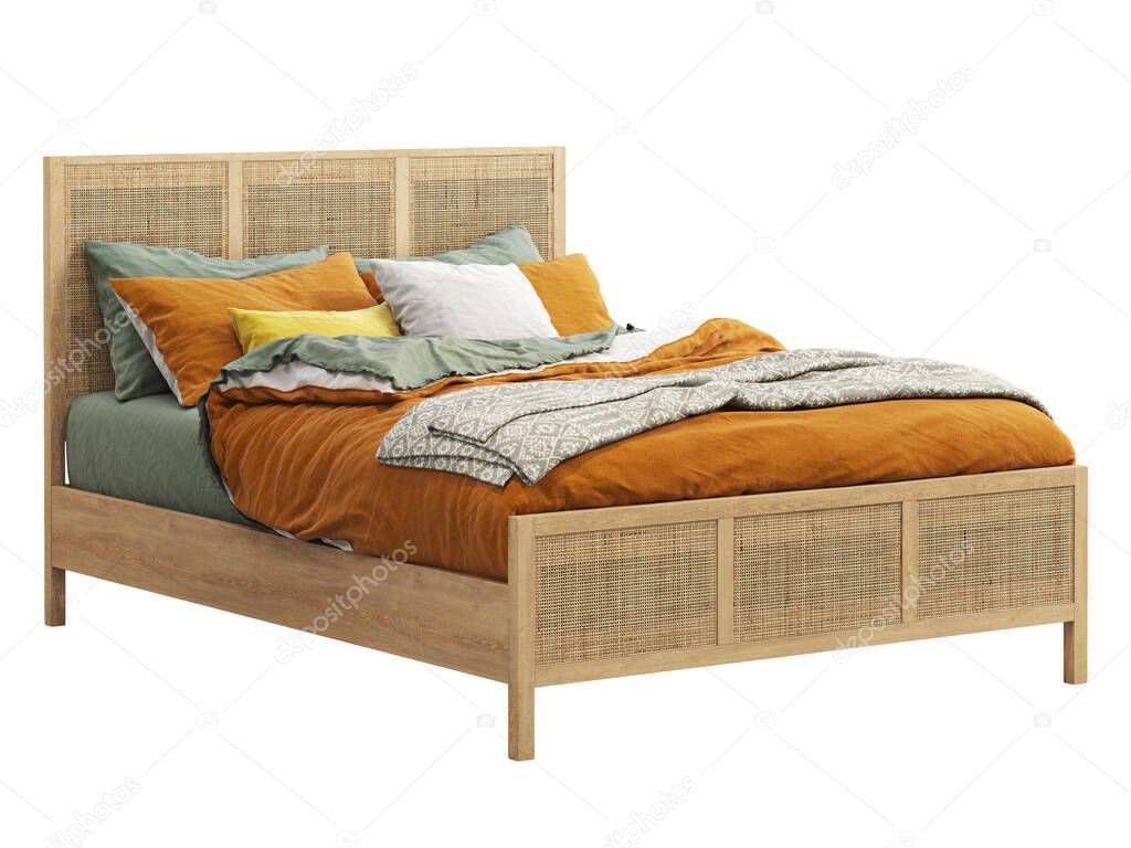 Mid-century wooden double bed with wicker headboard and footboard. Scandinavian style double bed with bed linen, pillows and throw plaid on white background. Mid-century, Chalet, Scandinavian interior. 3d render