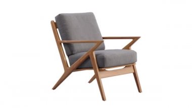 Yüzyıl ortası gri kumaş döşeme sandalyesinin dairesel animasyonu. Beyaz arka planda tahta taban koltuk. Yüzyılın ortalarında, modern, İskandinav, tavan arası. 3d hazırlayıcı