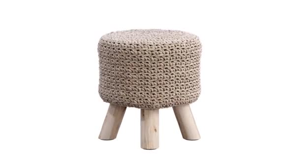 圆形动画的斯堪的纳维亚袋与编织座椅和木制腿的白色背景 手织羊毛顶部凳子 世纪中叶 查莱特 斯堪的纳维亚内陆 3D渲染 — 图库视频影像