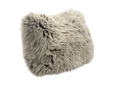 Bej kabarık dikdörtgen eko kürk yastığı. Pamuk kumaş tabanlı aksan yastık ve beyaz arka planda uzun bir yığın. Yüzyılın ortalarında, Çiftlik Evi, Chalet, İskandinav iç mimarisi. 3d hazırlayıcı