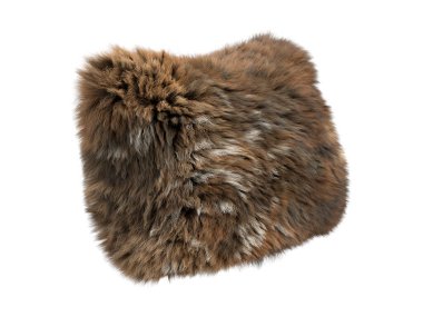 Kahverengi tüylü dikdörtgen eko kürk yastığı. Pamuk kumaş tabanlı aksan yastık ve beyaz arka planda uzun bir yığın. Yüzyılın ortalarında, Çiftlik Evi, Chalet, İskandinav iç mimarisi. 3d hazırlayıcı