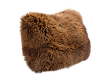 Kahverengi tüylü dikdörtgen eko kürk yastığı. Pamuk kumaş tabanlı aksan yastık ve beyaz arka planda uzun bir yığın. Yüzyılın ortalarında, Çiftlik Evi, Chalet, İskandinav iç mimarisi. 3d hazırlayıcı