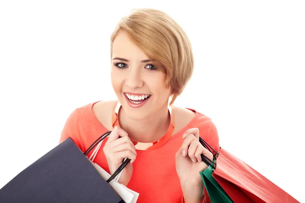 Femme heureuse avec des sacs à provisions — Photo