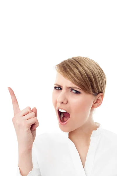 Angry businesswoman gestures with finger — Stock Photo, Image