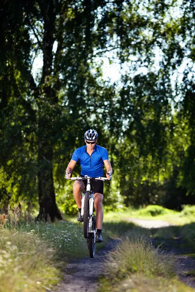 Motociclista andando em uma roda em sua bicicleta de montanha — Fotografia de Stock