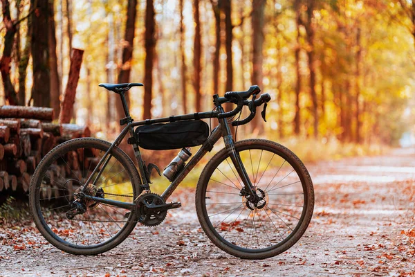 Foto Van Grindfiets Staand Bosweg Herfst Stockafbeelding