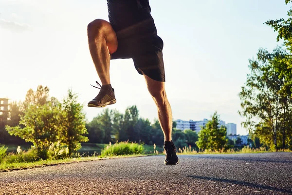 Legs Muscular Man Jogging Working Out Evening City — Stock Photo, Image