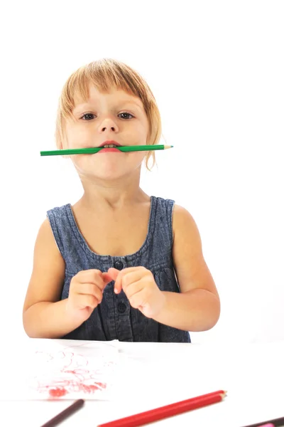 Beautiful little girl drawing with pencils — Stock Photo, Image