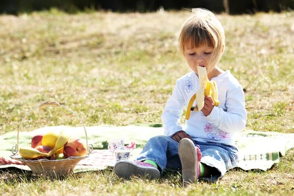 Piknik üzerinde küçük kız — Stok fotoğraf