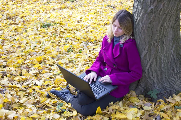 Girl with a laptop in the park — Stock Photo, Image