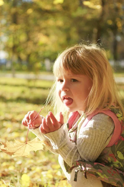 Una hermosa niña en el parque de otoño — Foto de Stock