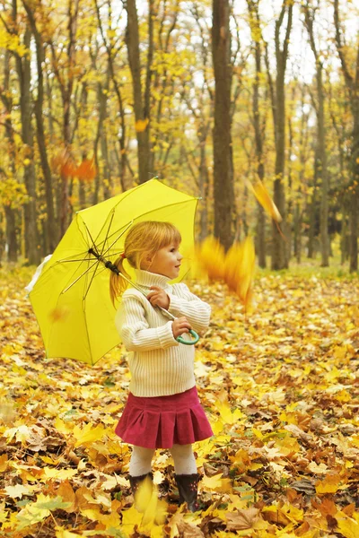 Beautiful little girl in the autumn forest with umbrella — Stock Photo, Image