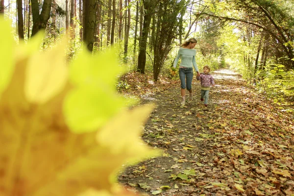 Güzel küçük bir kız annesiyle sonbahar park — Stok fotoğraf