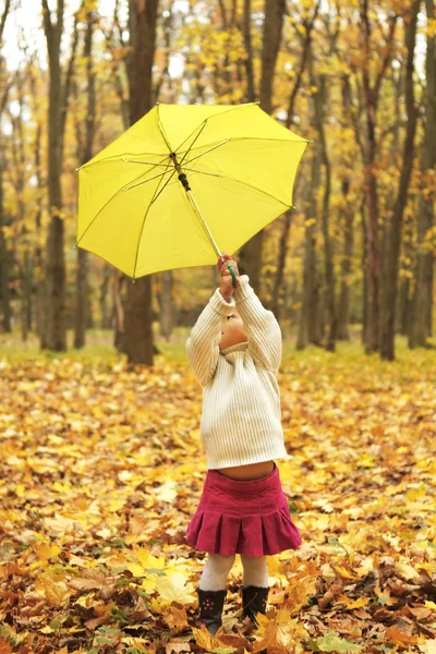 Belle petite fille dans la forêt d'automne avec parapluie — Photo