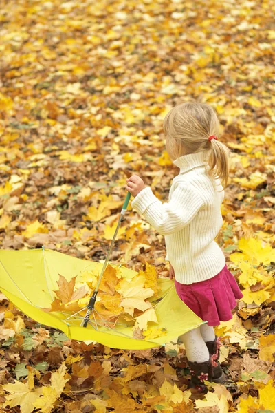 Vacker liten flicka i skogen höst med paraply — Stockfoto