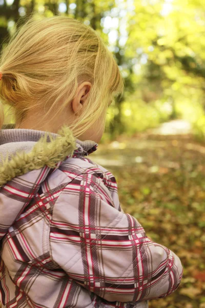 Vacker liten flicka i höstskogen — Stockfoto