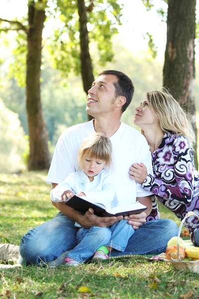 Jovem família ler a Bíblia na natureza — Fotografia de Stock