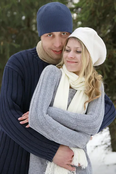 Pár v zimě v parku Stock Snímky