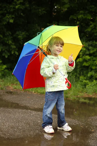 Little girl with an umbrella in the rain — Stock Photo, Image