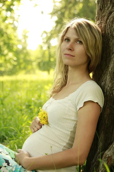 Młoda kobieta w ciąży na charakter — Zdjęcie stockowe