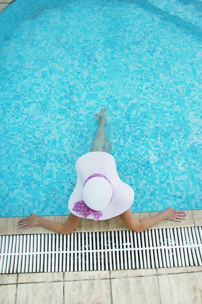 Girl in a hat in the water pool — Stock Photo, Image