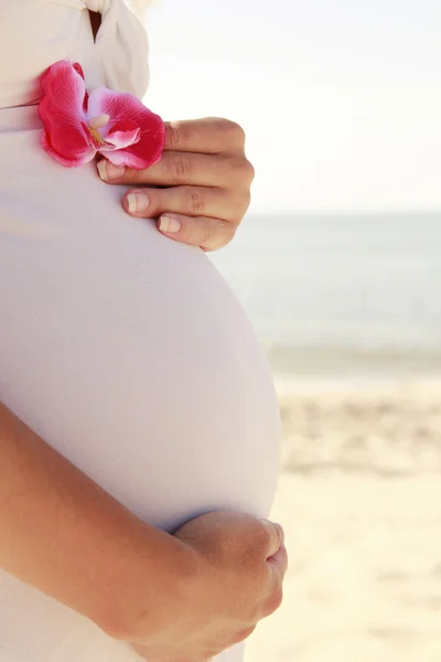 해변에 임신 한 여자 — 스톡 사진