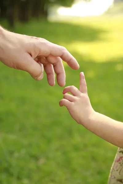 Hand of parent and child in nature — Stock Photo, Image