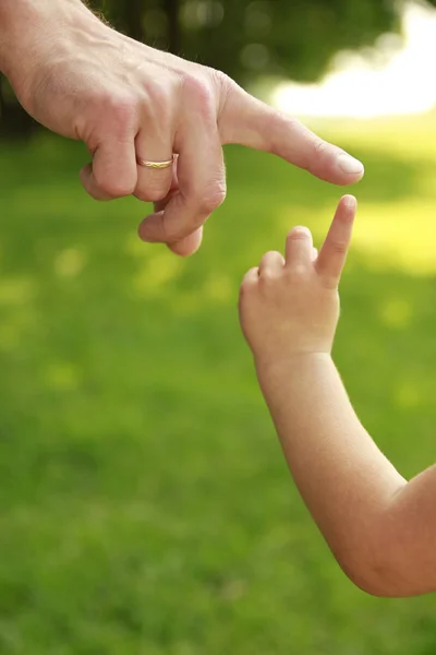 Hand of parent and child in nature — Stock Photo, Image