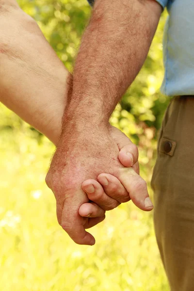 Twee handen van een bejaarde echtpaar in liefde — Stockfoto