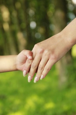 Ebeveyn küçük bir çocuğun elini tutuyor.