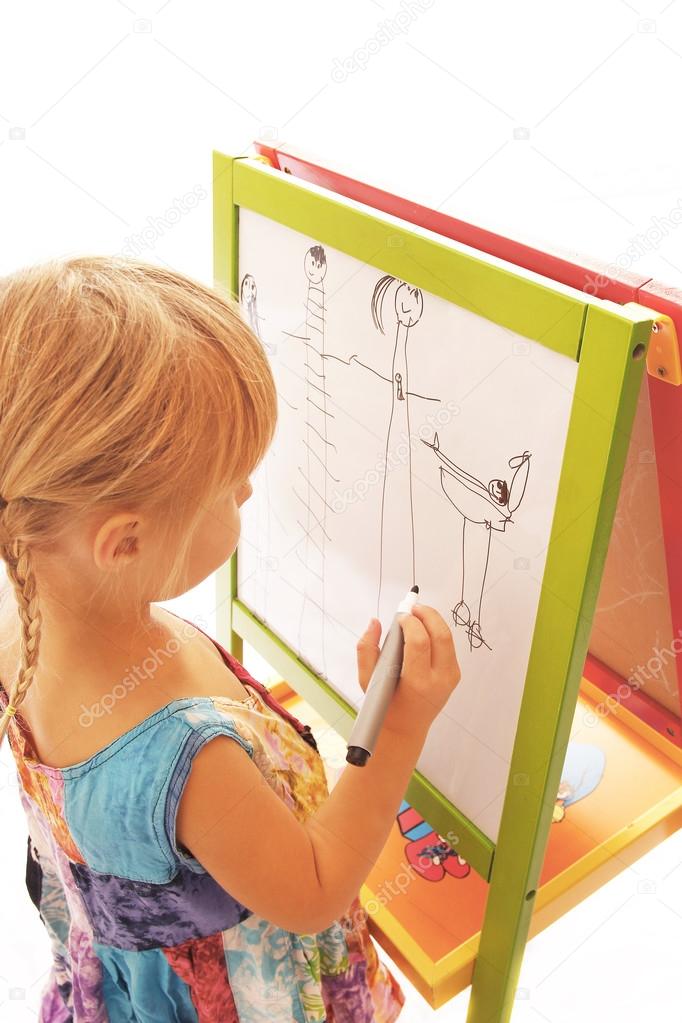 girl draws on a white background