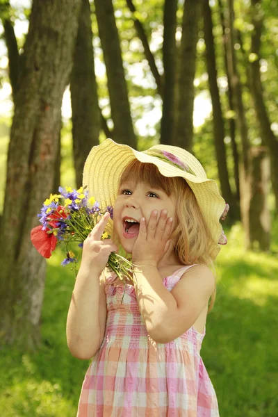 Beautiful little girl on nature with a bouquet of flowers — Stock Photo, Image