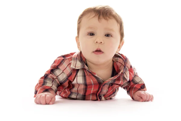 Spädbarn baby på en vit bakgrund i glas — Stockfoto