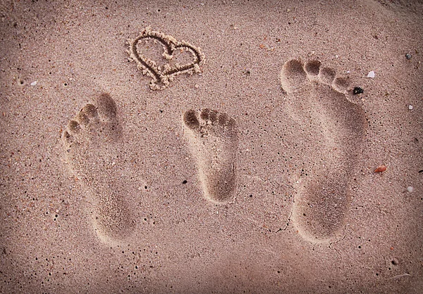 Huellas familiares en la arena en la orilla del mar —  Fotos de Stock