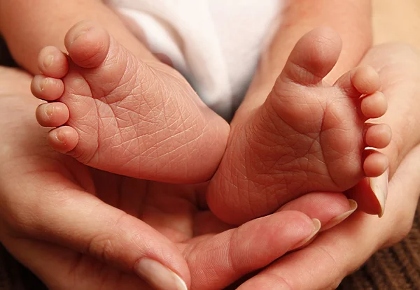 Leg newborn little baby in the mother's hands — Stock Photo, Image