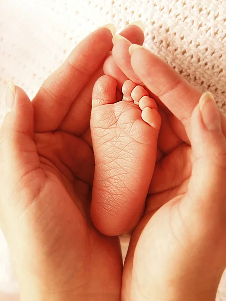 母の手で小さな新生児を脚します。 — ストック写真