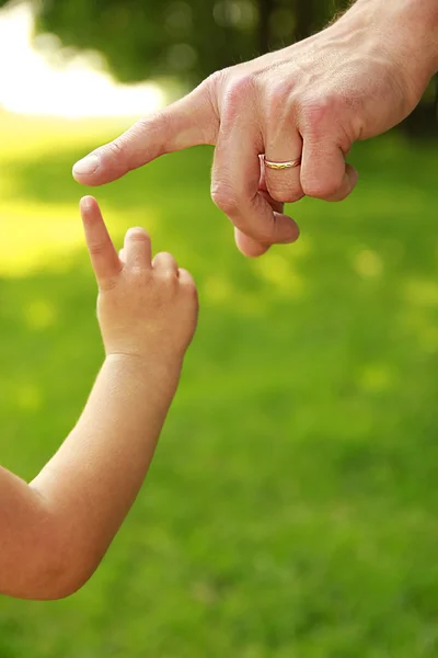 Рука родителя и ребенка в природе — стоковое фото
