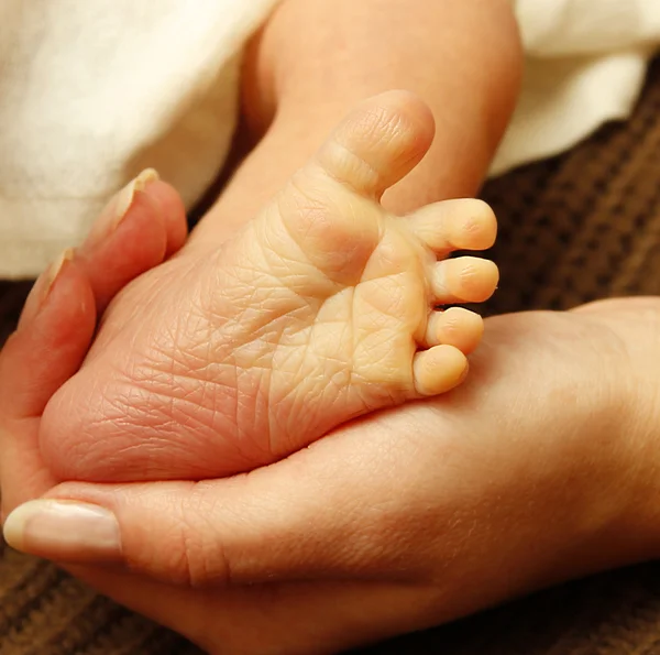 Beine neugeborenes Baby in den Händen der Mutter — Stockfoto