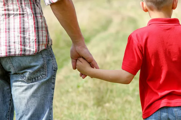 Der Elternteil Hält Die Hand Eines Kleinen Kindes Der Natur — Stockfoto