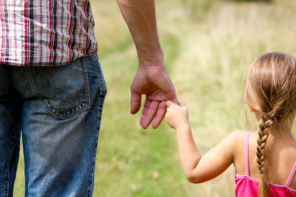 Parent Holds Hand Small Child Nature — Stock Photo, Image