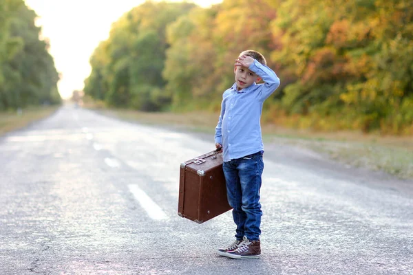 Moe Kind Met Een Koffer Weg Het Park Reizen — Stockfoto