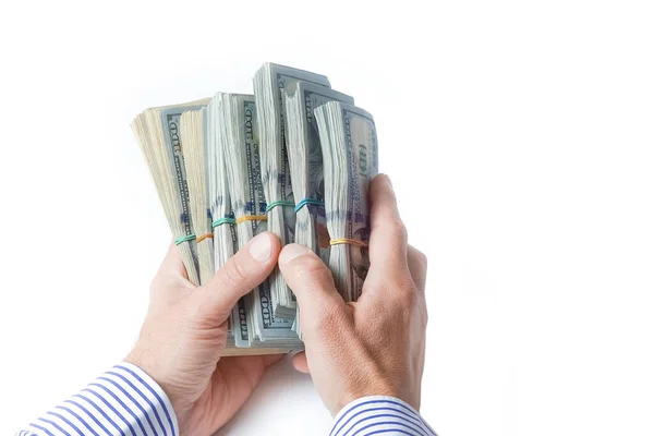 Para Beyaz Bir Arkaplanda Bir Adamının Kredi Kavramının Elinde — Stok fotoğraf
