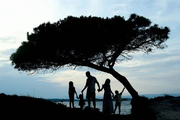 海に沈む夕日の幸せな家族のシルエット — ストック写真