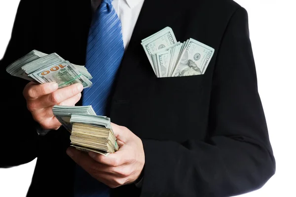 Geld Handen Van Een Zakenman Een Crisisverhogend Bedrijfsconcept Bankmedewerker — Stockfoto