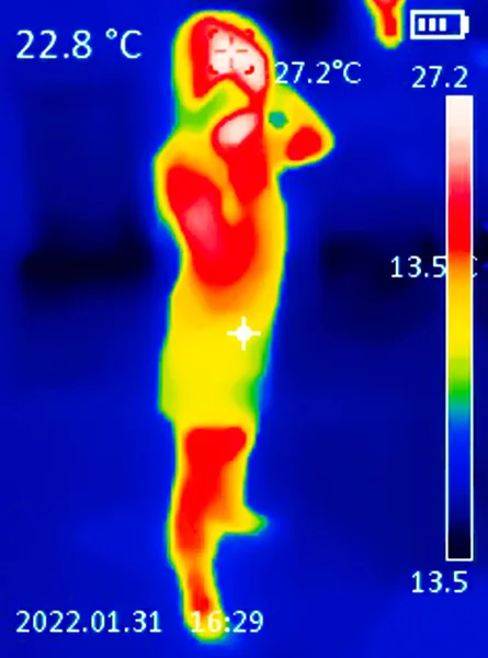 Termograficzny Obraz Ciała Osoby Wykazujący Różne Temperatury Różnych Kolorach Niebieskiego — Zdjęcie stockowe